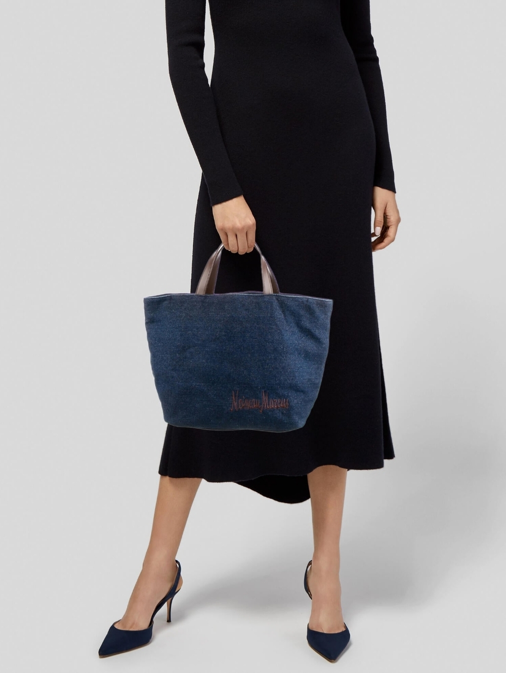 Neiman Marcus Denim Rectangular Navy Blue Tote Bag Double Faux Leather Straps